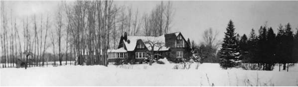 Photo of two story tudor style house with snow on the ground